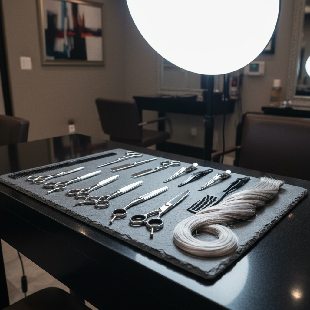 A polished styling station in photographic realism, showcasing an assortment of premium, stainless-steel salon scissors, combs, and sectioning clips meticulously arranged on a textured, slate-grey mat. Beside them lies a single lock of shimmering silver hair extension, coiled elegantly like a ribbon to highlight tone and shine. The station’s surface is a matte black countertop that subtly reflects the metallic tools. Overhead, cool, diffused light creates crisp, clean highlights and minimal shadows, invoking a sense of precision and care. The blurred background reveals hints of a sophisticated Corona salon interior with muted taupe walls and subtle artwork, while the composition, shot from a slightly overhead angle, underscores craftsmanship in grey transformation services.