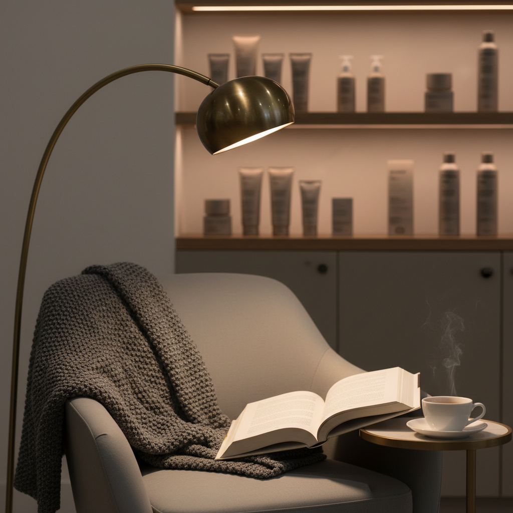 A serene reading corner within the salon, featuring a slim, brushed-brass floor lamp arching over a comfortable, light-grey upholstered chair. Draped over the chair’s arm is a soft, knitted throw in muted charcoal. On a small side table, an open hardcover book with creamy pages rests beside a simple white porcelain cup and saucer, a hint of steam rising. In the background, out of focus, are subtle shelves holding tastefully arranged hair products for grey and silver hair in neutral packaging. Soft, warm light from the lamp pools on the book and chair, casting gentle shadows and creating an intimate, contemplative mood. Photographic realism at a slightly angled, mid-height perspective emphasizes quiet luxury and thoughtful conversation space.