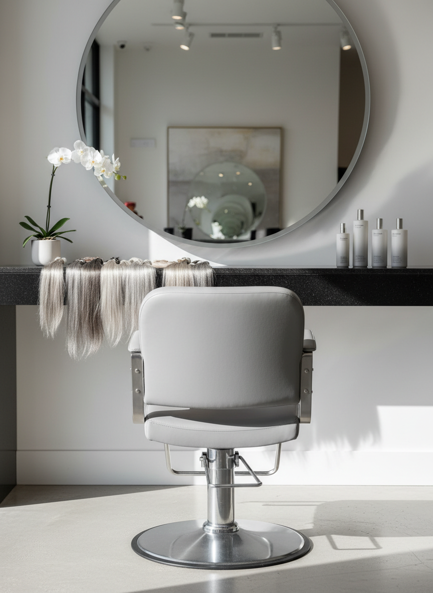 A luxurious salon styling chair upholstered in soft dove-grey leather, facing a large frameless mirror that reflects a cascade of silver and salt-and-pepper hair swatches arranged artfully on a sleek black counter. The counter holds high-end, minimalist grey-transition hair products in frosted glass bottles and a single white orchid in a matte ceramic vase. Afternoon natural light streams through an unseen window, creating refined highlights on the metallic fixtures and gentle shadows on the polished concrete floor. Photographic realism at eye level, with a shallow depth of field that keeps the chair and mirror crisp while softly blurring the sophisticated, modern Corona salon interior in the background, evoking calm, trust, and transformation.