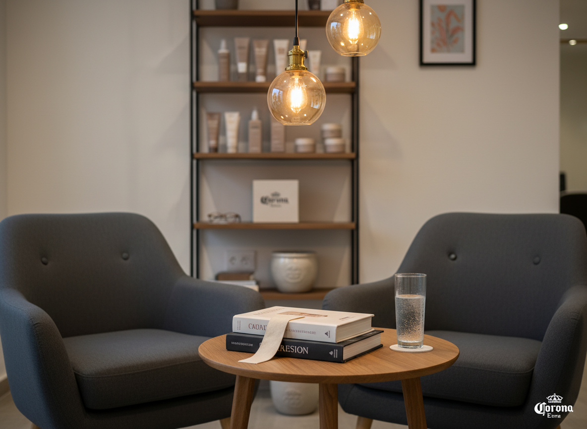 An inviting salon conversation nook featuring two plush, charcoal-grey armchairs angled toward each other around a low, round oak table. On the table rests a neatly stacked trio of fashion and beauty hardcover books, a linen bookmark peeking out, alongside a slim glass of sparkling water with condensation. In the background, a softly blurred shelving unit displays curated, neutral-toned haircare products and a single pair of stylish eyeglasses. Warm pendant lighting casts a gentle, golden glow, creating intimate shadows and a cozy, relationship-focused atmosphere. Shot in photographic realism at eye level using the rule of thirds, the composition emphasizes thoughtful conversation and shared stories within a refined Corona salon environment.