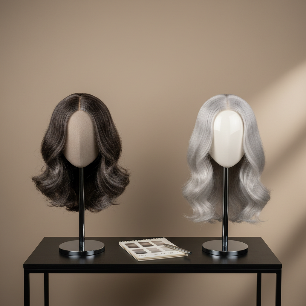 A cinematic before-and-after concept using two high-quality mannequin heads mounted on sleek chrome stands, positioned side by side against a smooth, warm-neutral backdrop. The left mannequin displays multi-tonal dark hair peppered with visible regrowth, while the right showcases a luminous, blended silver-grey finish with soft waves and flawless shine. Between them on a slim black console table lies a single, open style notebook with color swatches and a pen, implying customized consultation. Soft, directional studio lighting from the right creates gentle contrast and delicate highlights in the metallic tones, while the overall composition remains clean and modern. Shot straight-on with symmetrical framing in photographic realism, the mood is confident, aspirational, and expertly polished.