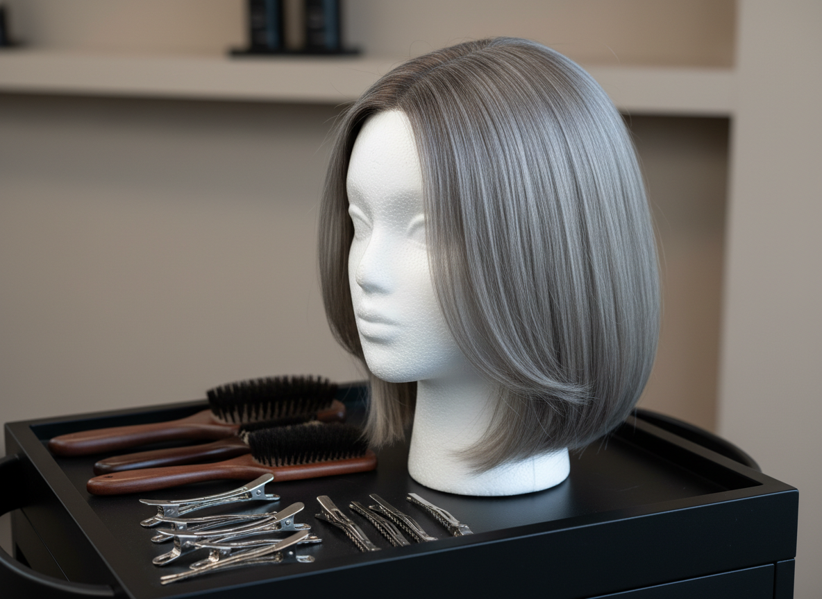 A close-up, photographic realism shot of a mannequin head with mid-length hair gracefully transitioning from dark brunette roots to a soft, dimensional silver-grey towards the ends, showcasing a seamless grey blending technique. The mannequin rests on a matte black salon trolley beside neatly arranged professional brushes and stainless steel clips. Cool, diffused studio lighting from above and slightly behind creates a subtle halo on the metallic tones and delicate shadows on the tools. Captured from a slightly elevated angle with a clean, uncluttered backdrop of pale taupe walls and a blurred glimpse of shelving, the image feels technical yet elegant, highlighting precision grey transformations in a sophisticated setting.
