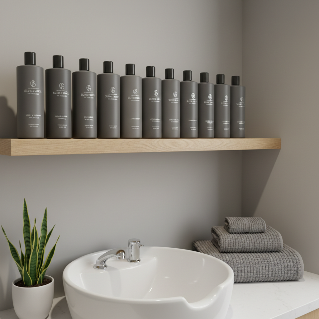 A refined back-bar scene in photographic realism, featuring a row of elegantly labeled, monochrome haircare bottles specifically designed for grey and silver hair, neatly lined on a floating oak shelf against a soft greige wall. Below, a deep white ceramic shampoo basin gleams under diffused overhead lighting, with a neatly folded stack of plush grey towels adding texture. A small potted snake plant introduces a modern, organic accent without overpowering the composition. Gentle, even lighting eliminates harsh shadows, creating a serene, spa-like mood. Captured from a slightly angled side view with moderate depth of field, the focus lingers on the products and basin, subtly communicating expertise in caring for naturally grey and transitioning hair.